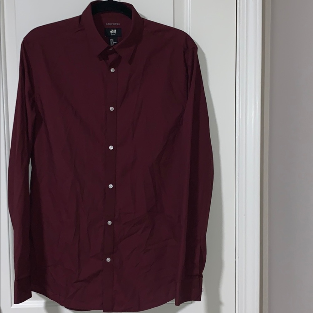 Burgundy long sleeve button down dressy shirt